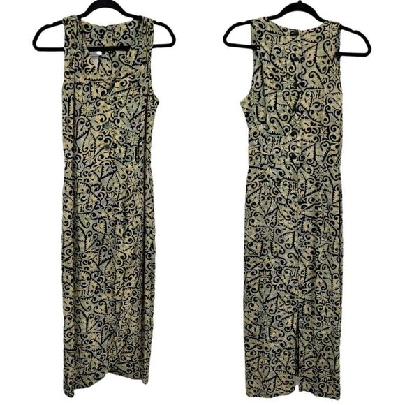 Vtg 80's Dress Midi Sleeveless V-neck Mock Wrap Pinafore Scroll Heart Green Sz S - Picture 1 of 12